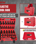 Beefed-Up 1/2 Inch Drive Deep Impact Socket Set, 35-Piece in plastic tool box for easy storage and transport, shown from multiple angles.