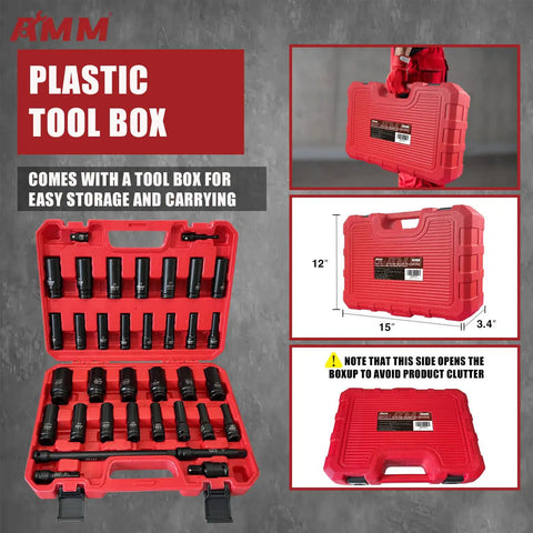 Beefed-Up 1/2 Inch Drive Deep Impact Socket Set, 35-Piece in plastic tool box for easy storage and transport, shown from multiple angles.