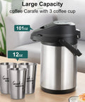 Large Capacity Thermal Airpot Coffee Carafe 101 Oz with Lever Action Pump and 3 Cups, Stainless Steel Vacuum Insulated