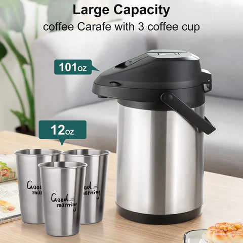 Large Capacity Thermal Airpot Coffee Carafe 101 Oz with Lever Action Pump and 3 Cups, Stainless Steel Vacuum Insulated