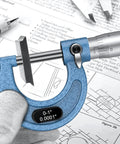 Outside Micrometer 0-1 Inch with 0.0001 Inch Graduation Alloy Precision Machinist Tool Set held by gloved hand over diagrams.