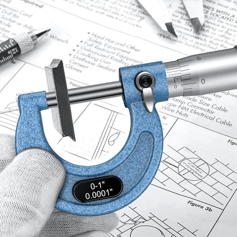 Outside Micrometer 0-1 Inch with 0.0001 Inch Graduation Alloy Precision Machinist Tool Set held by gloved hand over diagrams.
