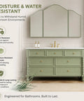 Slick Modern Bathroom Vanity With Floating Sink Cabinet Anti Fog Mirror Seamless Stone Basin On Solid Wood in green, designed for damp environments.