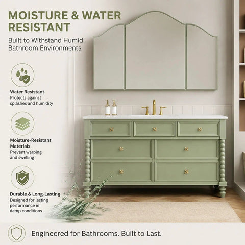 Slick Modern Bathroom Vanity With Floating Sink Cabinet Anti Fog Mirror Seamless Stone Basin On Solid Wood in green, designed for damp environments.