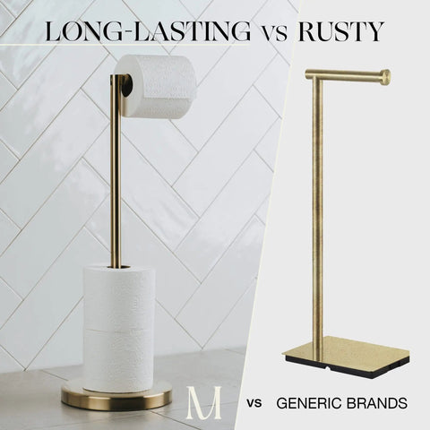 Freestanding Toilet Paper Holder With Storage For Four Rolls, Renter Friendly Stainless Steel Stand In Luxury Brushed Gold Finish, No Install Needed For Easy Bathroom Refresh And Tidy Space, shown on left vs generic brand on right