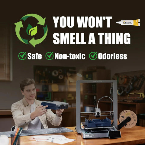 Person showing 3D printer with text on safe use of Heavy Duty 3D Printer Lubricant Grease for smooth axis guides and gears.