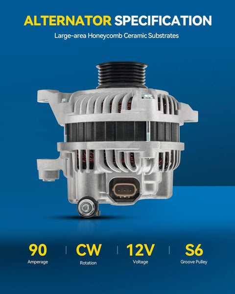 Front view of New 90 Amp Alternator For 2011 2012 2013 2014 Mazda 2 Mitsubishi Unit Replacement 12V CW Rotation 6 Groove Pulley