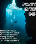 Divers underwater with list of items included with i550C Dive Computer Console With 3 Gas Modes And 3 Dive Profiles.