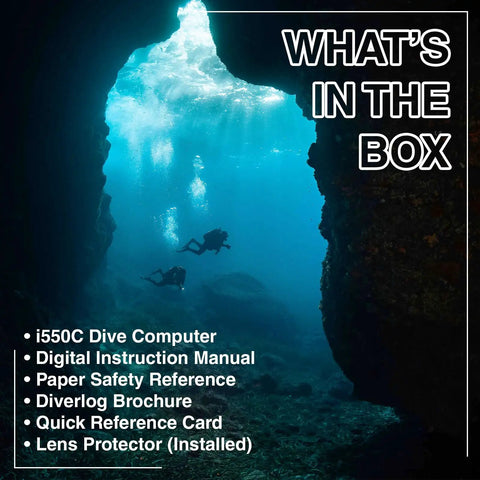 Divers underwater with list of items included with i550C Dive Computer Console With 3 Gas Modes And 3 Dive Profiles.