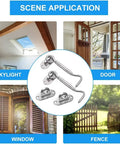 Hook and Eye Latch for Gate Cabinet Door Window Stainless Steel Lock displayed for use on skylight, door, window, and fence.