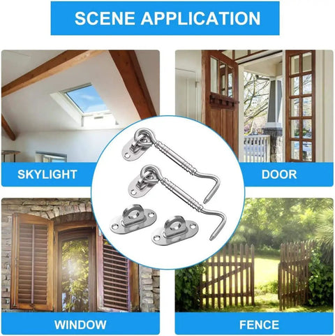 Hook and Eye Latch for Gate Cabinet Door Window Stainless Steel Lock displayed for use on skylight, door, window, and fence.