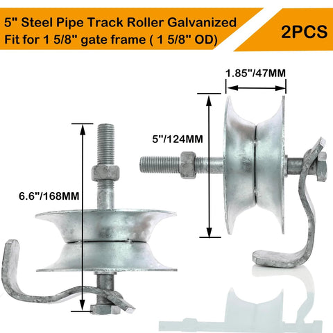 Sliding Gate Rollers 5 Inch Steel Wheel Galvanized For 1 And 5 Eighth Inch Pipe Track Fits 1 And 5 Eighth Inch Gate Frame