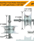 Five Inch Steel Pipe Track Gate Rollers For One And Five Eighth Inch Gate Frame Pack Of Two Sliding Gate Wheels Galvanized For Rust Resistance And Long Life Heavy Duty Fence Track Hardware With Hot Dip Finish
