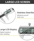 Close-up of 6 Inch Digital Caliper Tool With Big LCD Screen For DIY And Home Projects, Stainless Steel Vernier Caliper, showing digital readout.