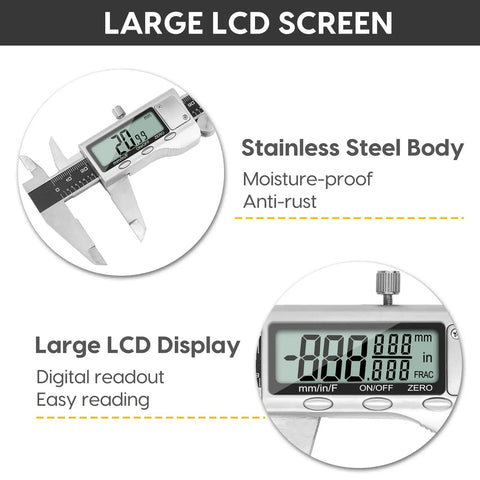 Close-up of 6 Inch Digital Caliper Tool With Big LCD Screen For DIY And Home Projects, Stainless Steel Vernier Caliper, showing digital readout.