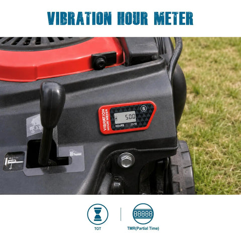 Vibration Hour Counter With LCD Display For Outdoor Power Equipment, Cordless Induction And Dual Time Recording, 3 Sensitivity Modes SEN 1 2 3 For Precise Run Time On Mowers, Generators, Trimmers, Red on mower panel