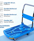 Ultra Lightweight 60x90 Cm Plastic Platform Hand Truck With Silent Swivel Wheels, blue foldable dolly cart with 60x90 cm tray