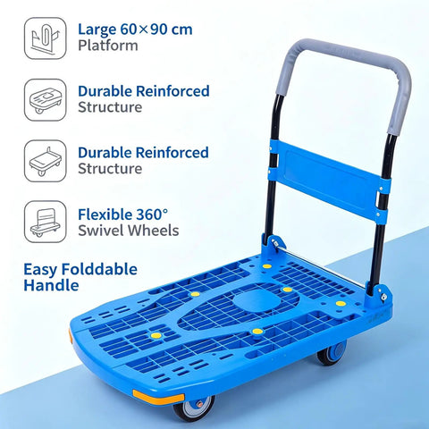 Ultra Lightweight 60x90 Cm Plastic Platform Hand Truck With Silent Swivel Wheels, blue foldable dolly cart with 60x90 cm tray