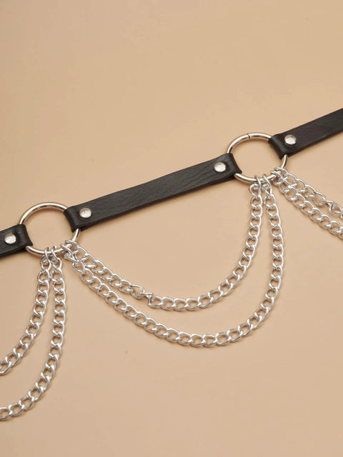Badass Black Pu Leather Waist Chain Belt Featuring Heavy Duty Hardware And Distressed Details For Emo Punk Goth Grunge Fashion.