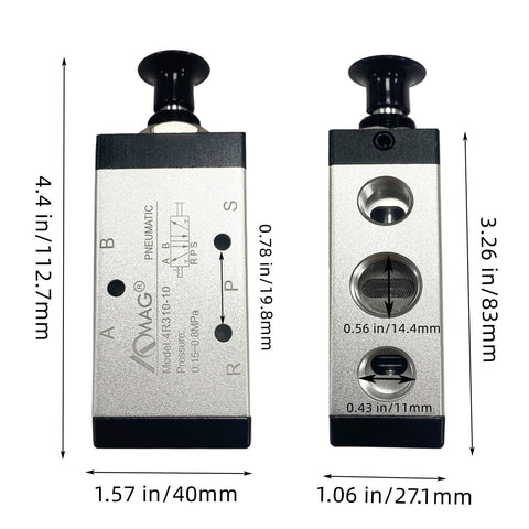Five Way Two Position Hand Lever Pneumatic Valve Three Eighths Inch NPT Air Control Push Pull Lever Operated Valve front and side view
