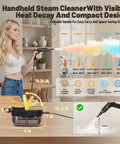 Gautye Portable Steam Cleaner With 3 Level Adjustable Handle Plus 15 Versatile Accessories For Deep Cleaning Floors Tiles And Carpets High Heat Sanitizing Black Housing Durable Abs Build Effective Germ Fighting Home Care Solution in use with visible steam.