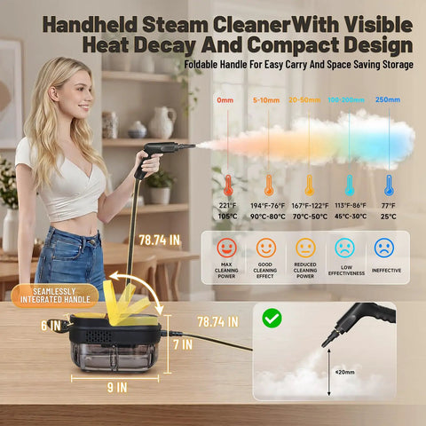 Gautye Portable Steam Cleaner With 3 Level Adjustable Handle Plus 15 Versatile Accessories For Deep Cleaning Floors Tiles And Carpets High Heat Sanitizing Black Housing Durable Abs Build Effective Germ Fighting Home Care Solution in use with visible steam.