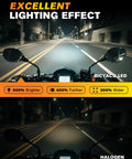 Comparison of BICYACO LED headlight and halogen light on motorcycle, showcasing DOT LED Dirt Bike Headlight 40W 2700LM Universal Motorcycle Front Light With DRL Hi Lo Beam IP67 Waterproof Street Legal Ready For EXC XCW SXF SX 125 250 300 350 450 500 Pit Bike Enduro lighting effects.