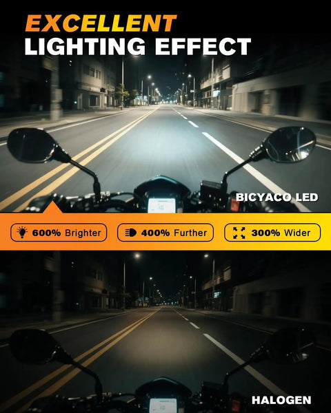 Comparison of BICYACO LED headlight and halogen light on motorcycle, showcasing DOT LED Dirt Bike Headlight 40W 2700LM Universal Motorcycle Front Light With DRL Hi Lo Beam IP67 Waterproof Street Legal Ready For EXC XCW SXF SX 125 250 300 350 450 500 Pit Bike Enduro lighting effects.