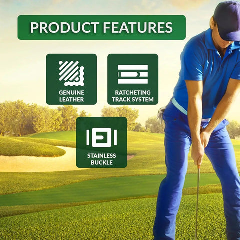 Golfer wearing Shiny Edition Genuine Leather Golf Belt Set With No Hole Ratchet Track Micro Adjust Belts for Men; product features displayed.