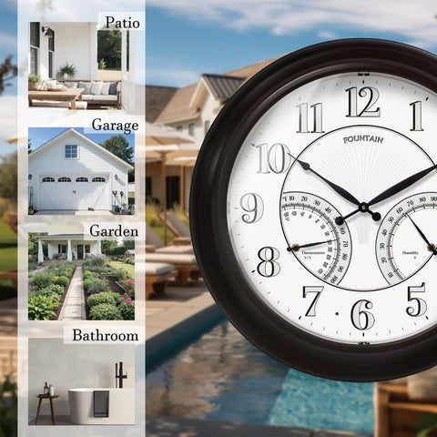 Must Have 24 Inch Indoor Outdoor Lighted Clock With Self Illuminated Face Waterproof 3 In 1 Weather Station Including Thermometer And Hygrometer Metal Clock In Oil Rubbed Bronze Finish Night Light in outdoor setting