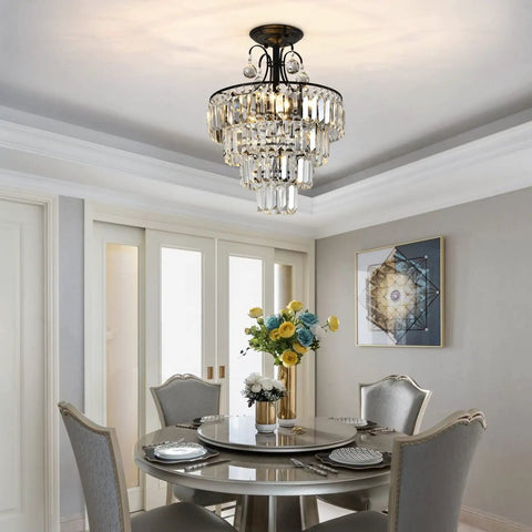 Dining room with Dope Modern Crystal Chandeliers With 4 Lights And Included Bulbs Chandelier Light Fixture For Living Room Dining Hallway Bedroom Black Finish Easy To Install 15.75 By 20.5 Inches.