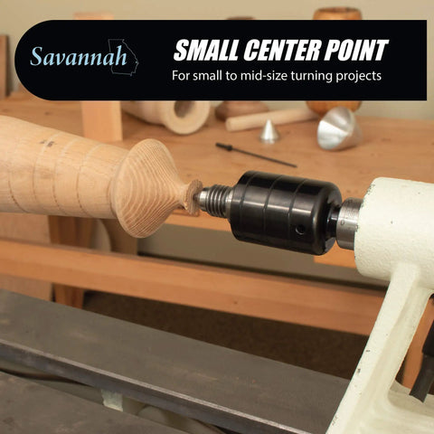 Heavy Duty Dual Bearing Live Center For Woodworking Lathes And Wood Turning Projects shown on lathe in workshop