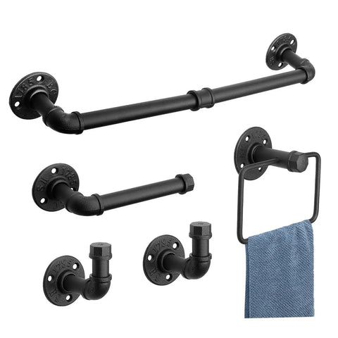 Five Piece Industrial Pipe Bathroom Accessories Hardware Kit For Wall Mounting Includes 18 Inch Towel Bar, ring, holder, hooks, black