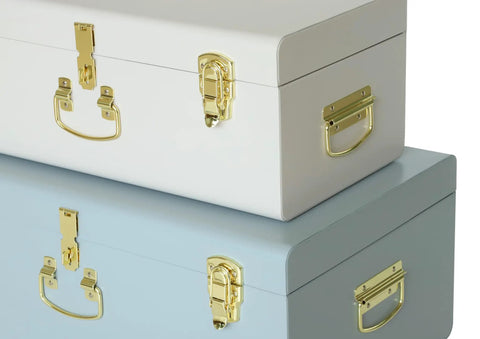Dope Decorative Metal Storage Trunks With Heavy Duty Locking Hardware And Grippy Handles Super Sleek Pair Of Secure Chests For Dorm Rooms And Chill Living Spaces In Crisp White And Cool Blue