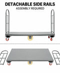 Hella Sturdy Platform Truck With 2000 Pound Capacity And Smooth Six Wheel Rolling Durable Steel Deck Material Handling Cart with detachable side rails.