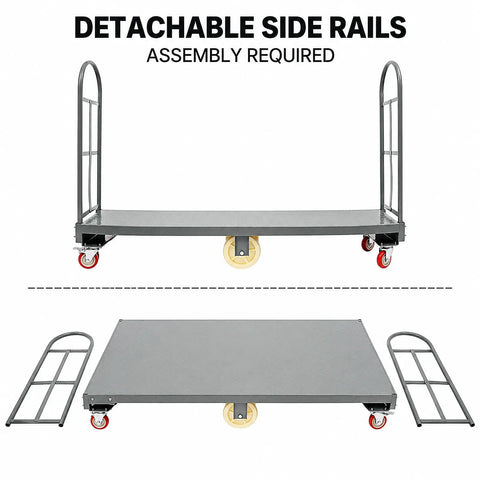 Hella Sturdy Platform Truck With 2000 Pound Capacity And Smooth Six Wheel Rolling Durable Steel Deck Material Handling Cart with detachable side rails.