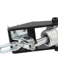 Close-up of Tested Pro Pneumatic Hold Down Clamp with aluminum and steel components for precision clamping on workbench.