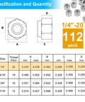 Top Shelf 112 Pack 1/4 20 Hex Lock Nuts Cut From Pure 304 Stainless Steel Featuring Nylon Inserts specifications table and images.