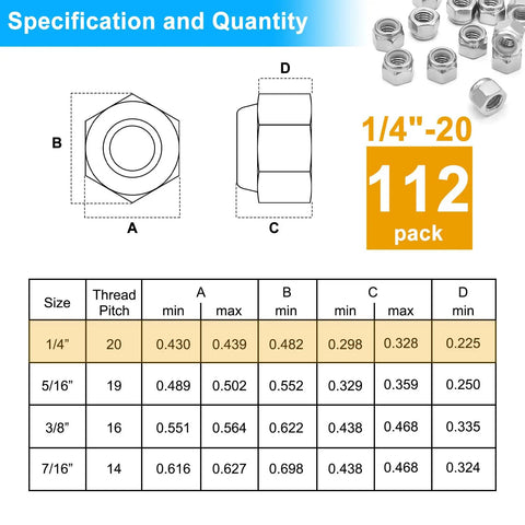 Top Shelf 112 Pack 1/4 20 Hex Lock Nuts Cut From Pure 304 Stainless Steel Featuring Nylon Inserts specifications table and images.