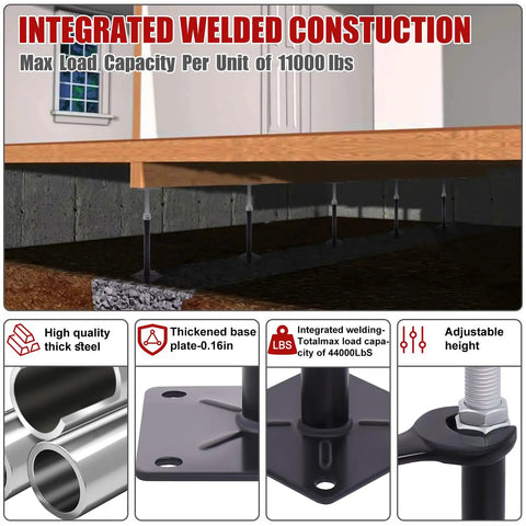 Heavy Duty House Floor Jacks Solid As A Rock Adjustable Post Supports 11 To 16 Point 5 Inch Range under a beam, showing integrated welded construction.