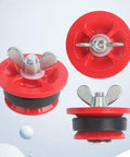 Three red plastic end-of-pipe gripper plugs with metal wing bolts and black seals, 1-1/2 in