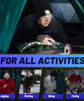 Rechargeable LED Beanie With Built In Light in use during nighttime camping, highlighting hands-free lighting feature.