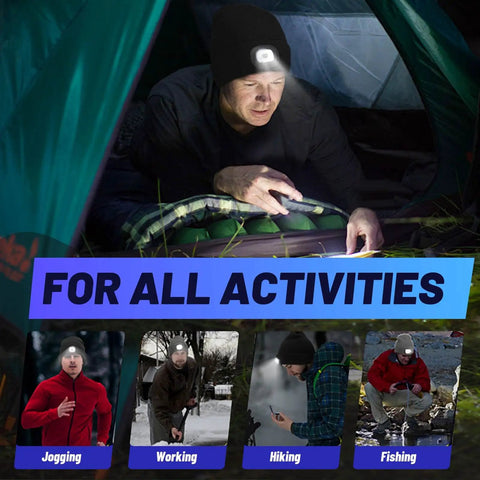 Rechargeable LED Beanie With Built In Light in use during nighttime camping, highlighting hands-free lighting feature.