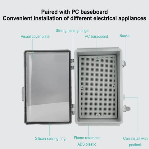 Big Abs Plastic Electrical Junction Box 175x275x110mm Waterproof Ip67 Enclosure open showing internal features and lid.