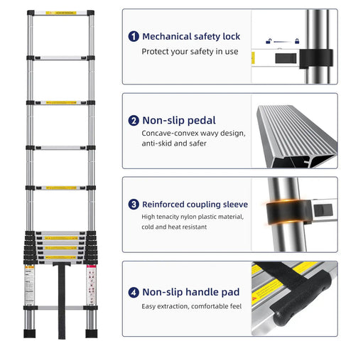 12.5 Foot Telescoping Aluminum Ladder For Home DIY And Outdoor Use, features include safety lock, non-slip pedal, and reinforced sleeve