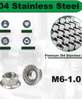 Tough As Nails M6 Serrated Flange Nuts 40 Pack 304 Stainless Steel Hex Nuts with Grip Teeth and smooth surfaces.