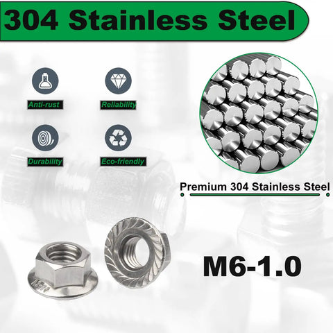 Tough As Nails M6 Serrated Flange Nuts 40 Pack 304 Stainless Steel Hex Nuts with Grip Teeth and smooth surfaces.