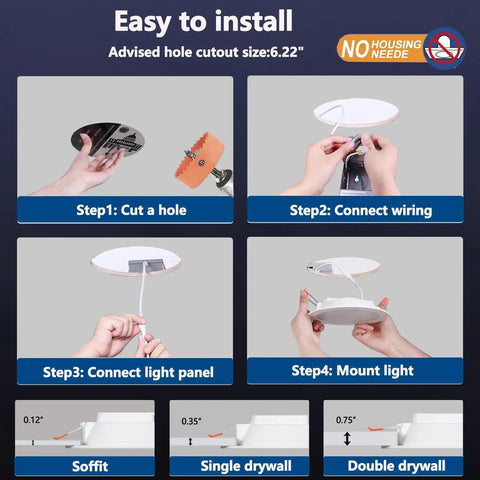 Installation guide for 6 Inch Canless LED Recessed Lights 4 Pack with Junction Box RGBCW 16W 1350lm Dimmable 2700K to 6000K