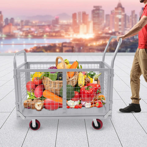 4 In 1 Beefy Heavy Duty Platform Cart With Cage 40 By 24 Inches 440 Lb Capacity Foldable Steel Hand Cart With 5 Inch Swivel Casters Detachable Mesh Push Dolly For Garage Storage And Shop Organization, loaded with groceries