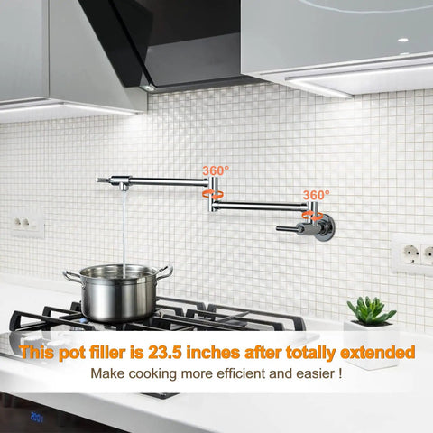Chrome Pot Filler Faucet With Solid Brass Build, Wall Mounted Over Stove, 360 Degree Swing Arm filling pot